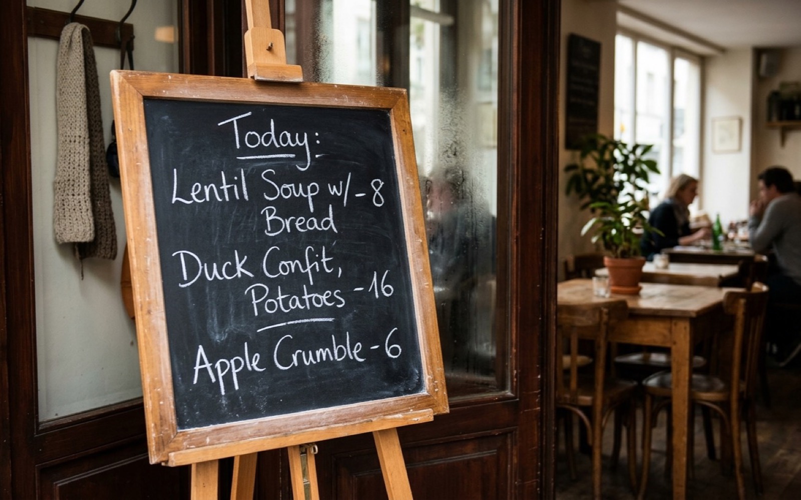 A handwritten chalkboard menu propped at a small restaurant entrance