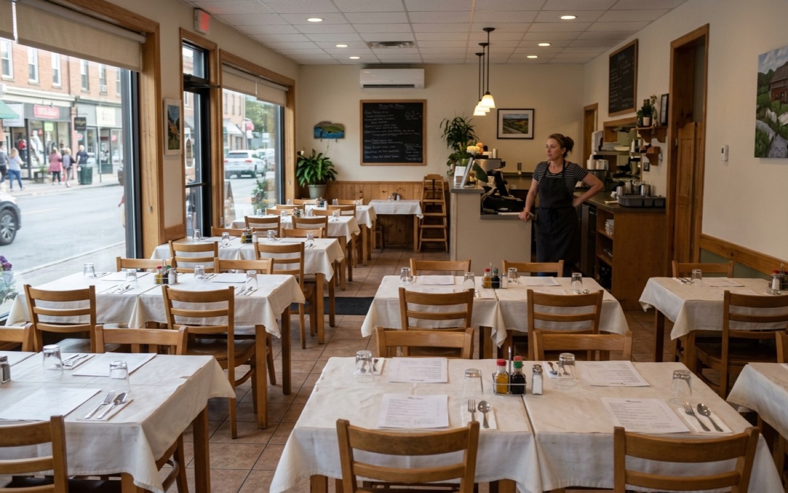 A clean but empty restaurant during a peak hour