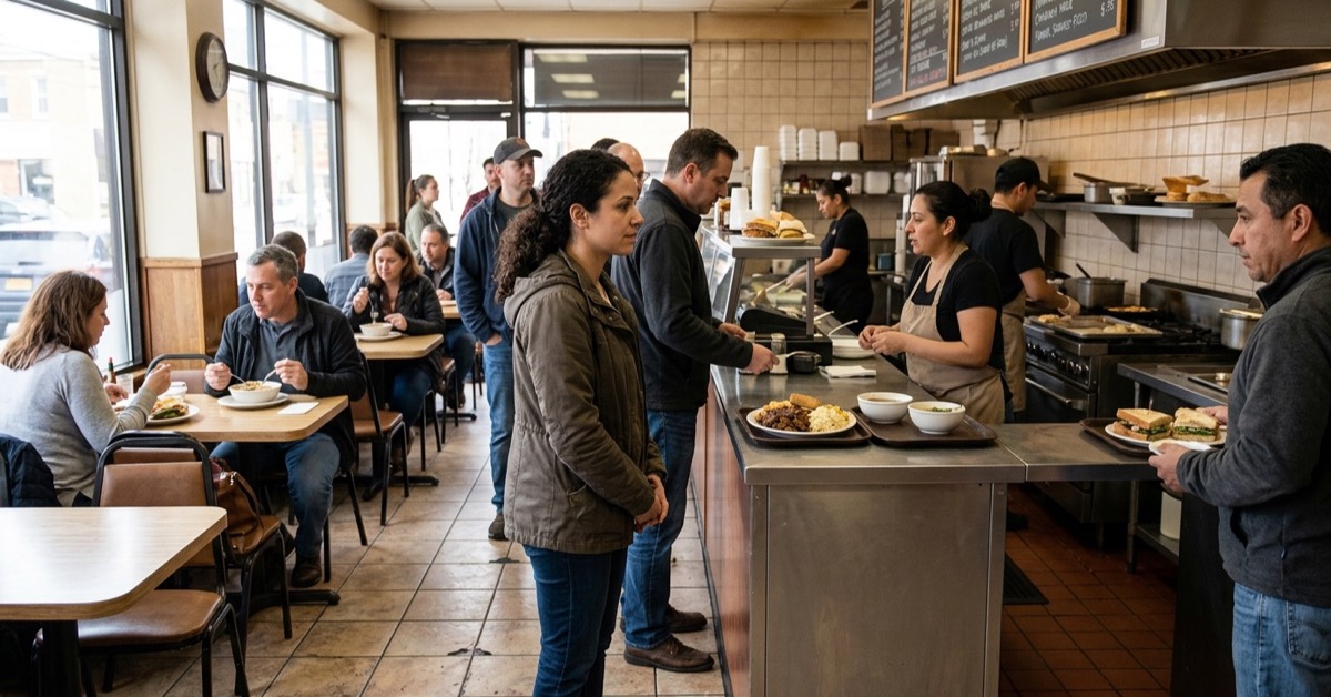 A busy modest lunch counter with locals ordering