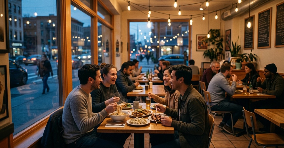 A simple corner restaurant in the evening