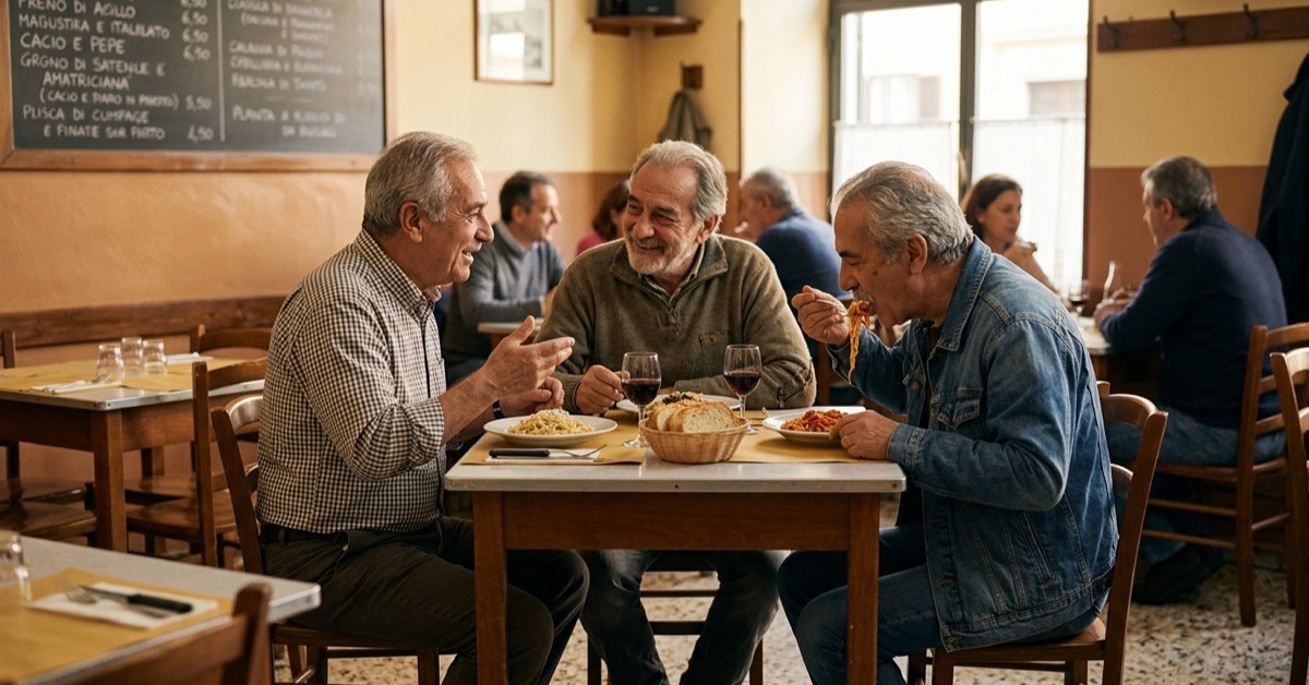 A small group of locals laughing over plates at a no-frills neighborhood trattoria