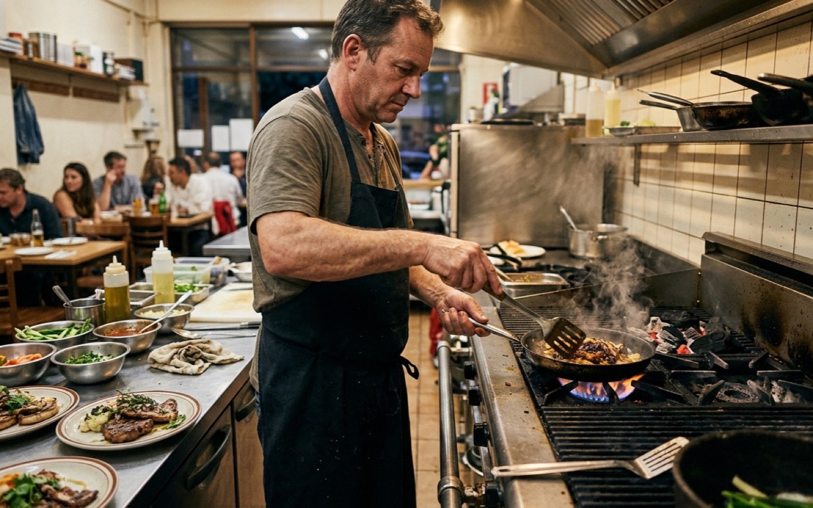 A working open kitchen in a humble local restaurant