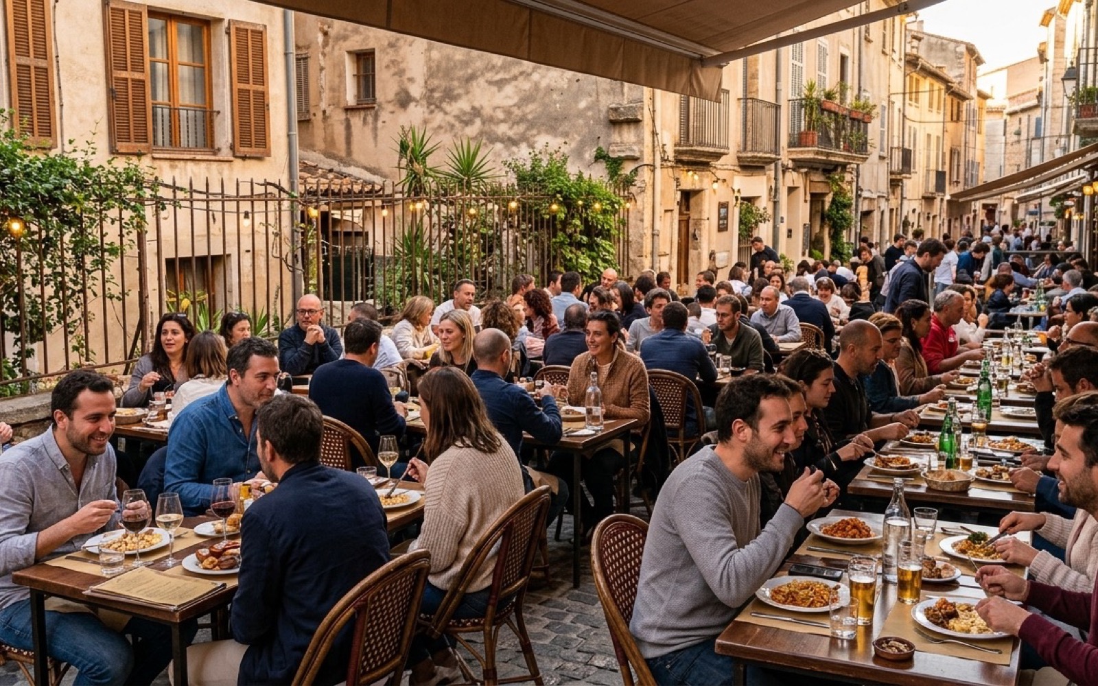 A modest local terrace fully occupied at golden hour