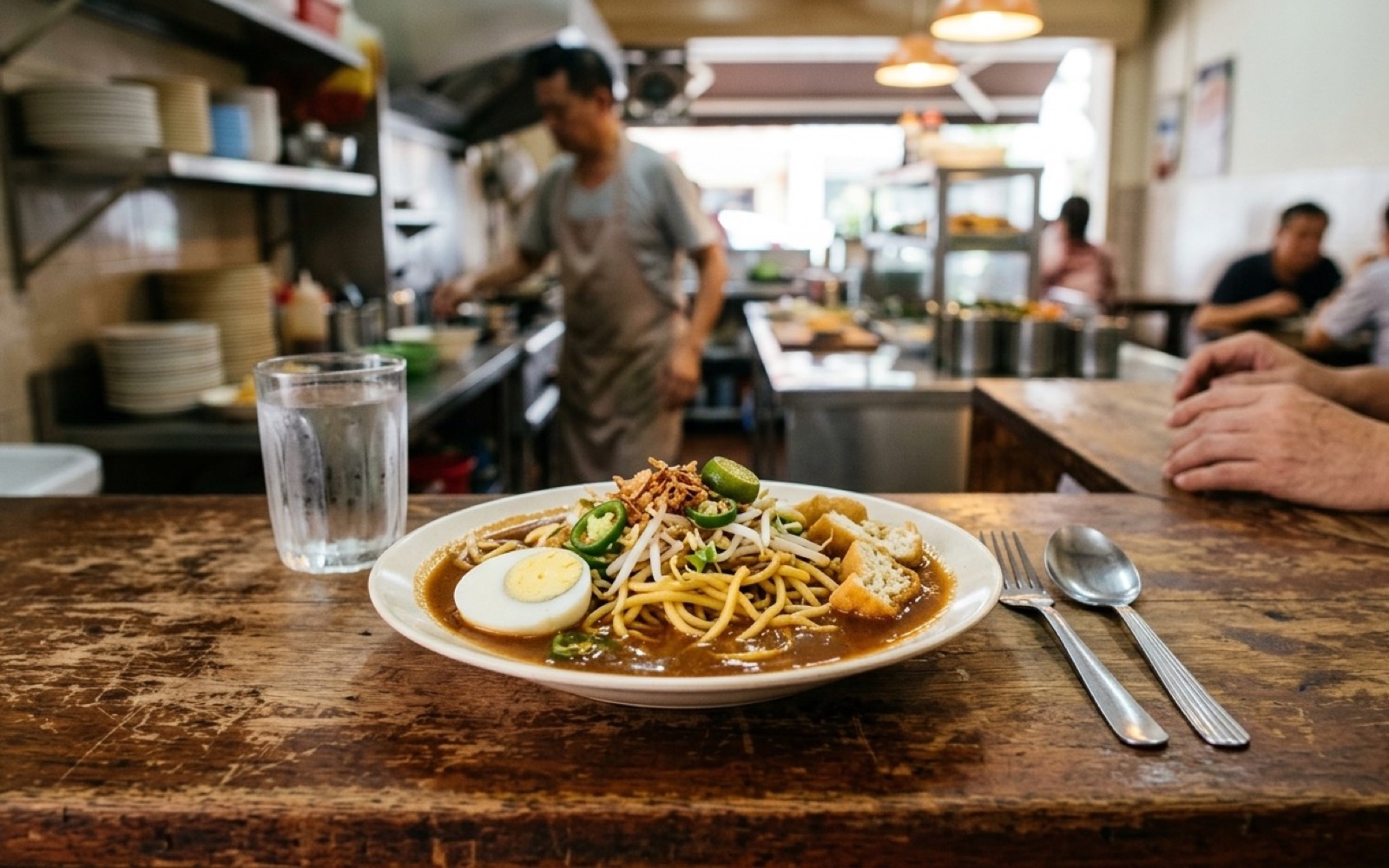 A single plate of local food on a worn counter