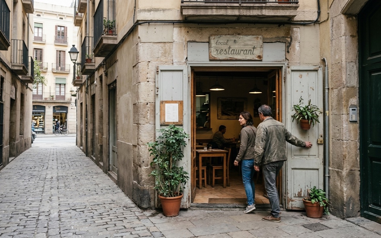 A small unmarked restaurant doorway on a quiet side street