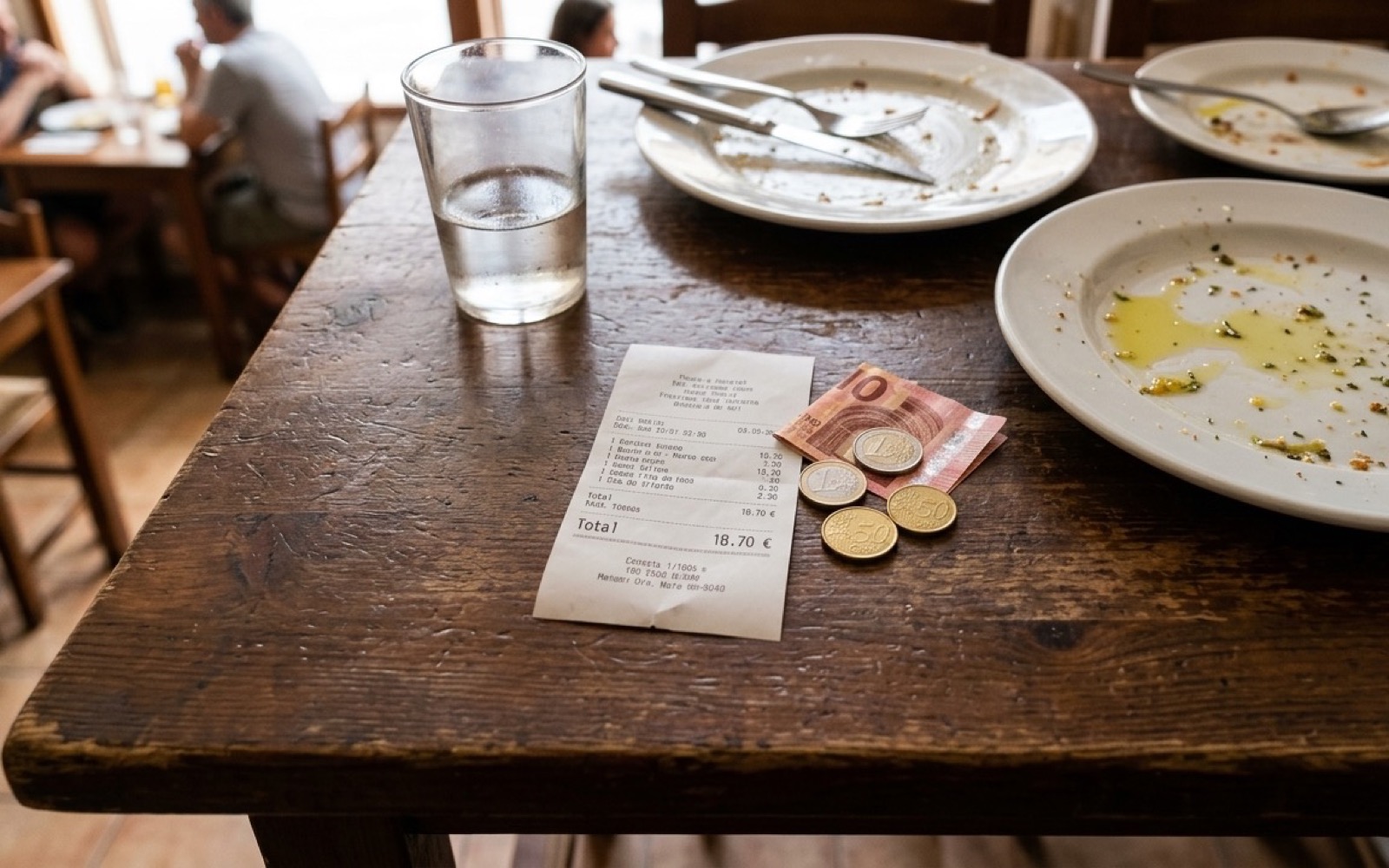 A paper receipt and a few coins on a worn restaurant table