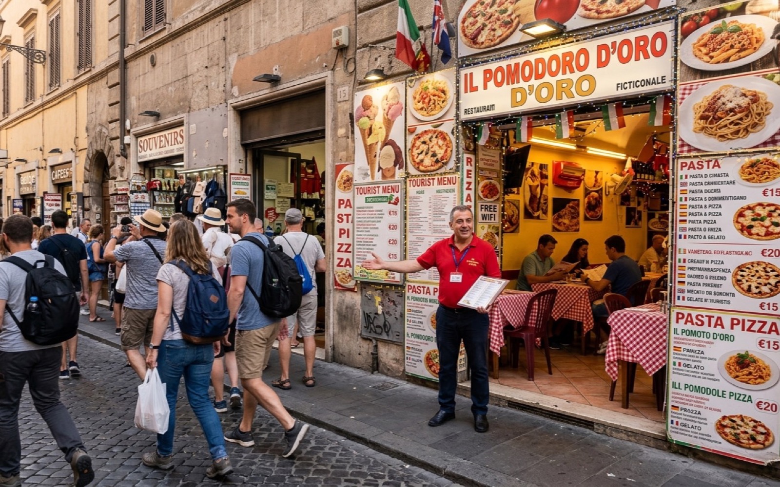 A brightly lit tourist-zone restaurant with a host waving people in